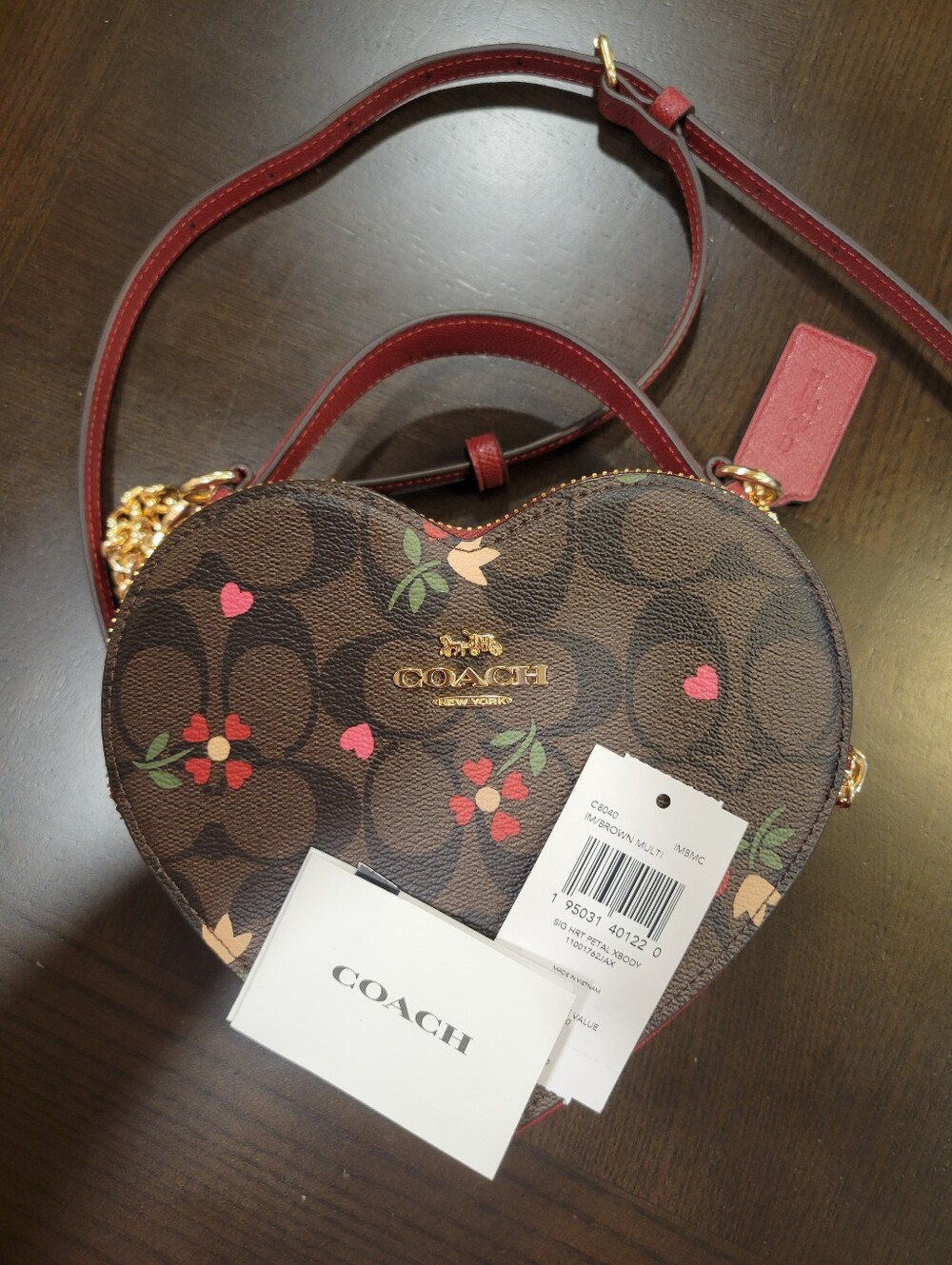 Coach Heart-Shaped Signature Canvas Mini Crossbody in Brown with Pink Accents - Picture 7 of 7